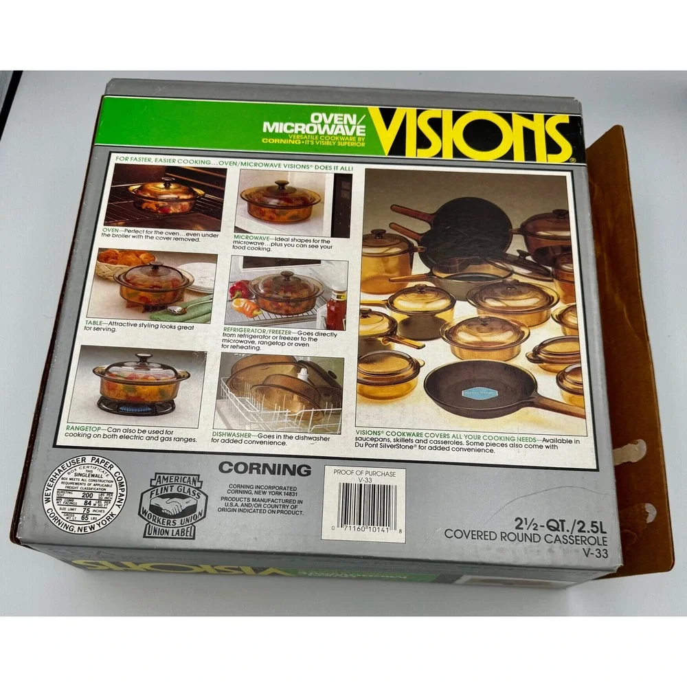 New Open Box Vintage Corning Visions Amber 2.5 Qt Ribbed Casserole Dish V-33